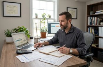 Small business owner reviewing cash reserve and cash flow notes at a desk