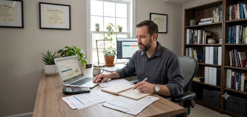 Small business owner reviewing cash reserve and cash flow notes at a desk