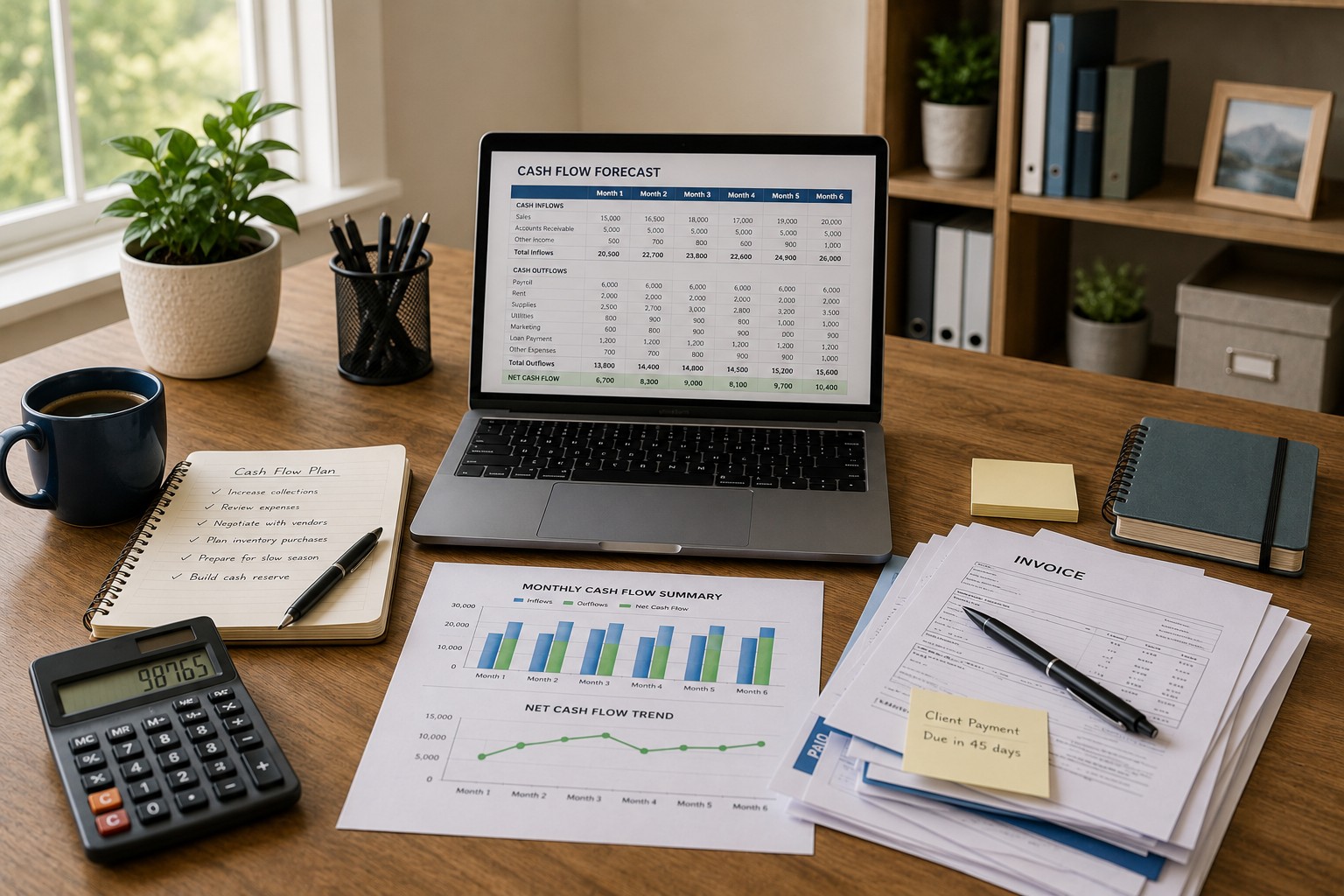 Cash flow forecast with business expenses and expected income reviewed on a desk
