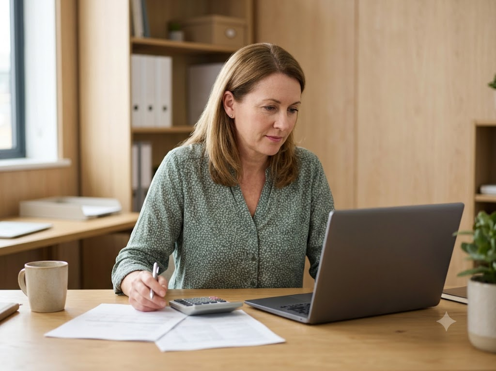 Small business owner reviewing expected cash flow payments at a laptop