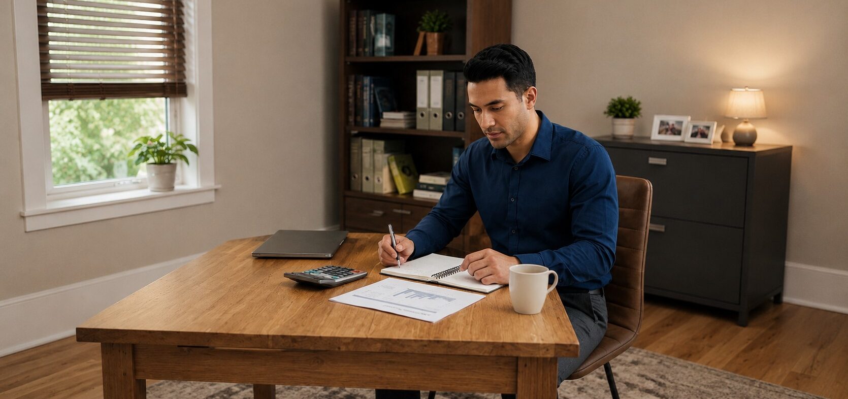 Small business owner reviewing a cash flow forecast in a home office