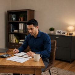 Small business owner reviewing a cash flow forecast in a home office
