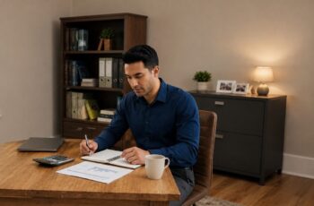 Small business owner reviewing a cash flow forecast in a home office