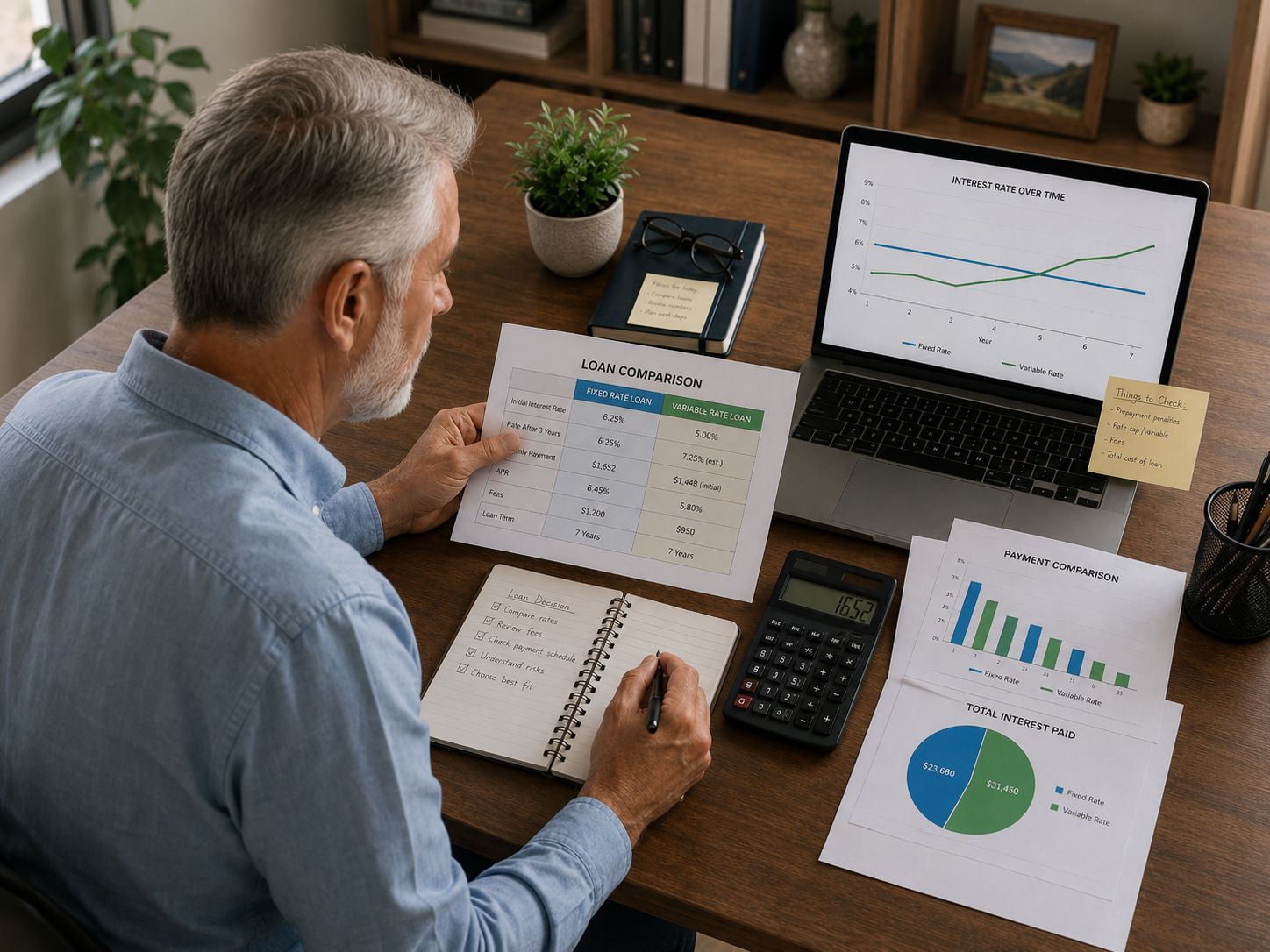 Older business owner comparing fixed and variable loan rate scenarios at a desk