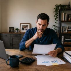 Business owner reviewing loan documents while comparing fixed and variable interest rates