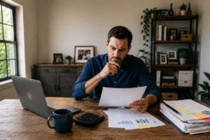 Business owner reviewing loan documents while comparing fixed and variable interest rates