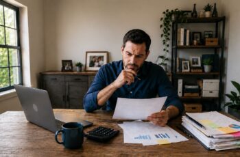 Business owner reviewing loan documents while comparing fixed and variable interest rates