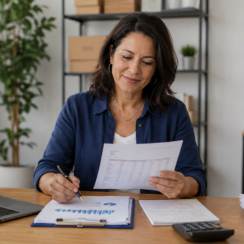 Small business owner reviewing cash flow and loan documents at a desk