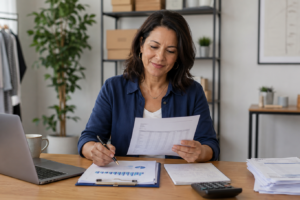 Small business owner reviewing cash flow and loan documents at a desk