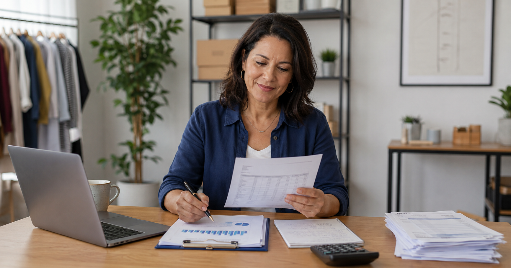 Small business owner reviewing cash flow and loan documents at a desk