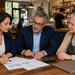 Prospective buyer and financial adviser reviewing acquisition documents with the owner of an established bakery.