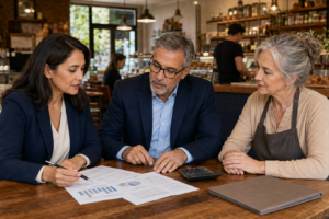 Prospective buyer and financial adviser reviewing acquisition documents with the owner of an established bakery.