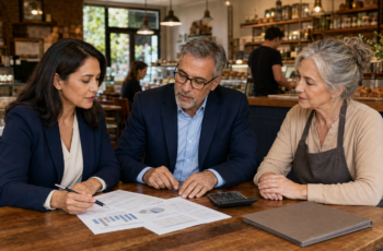 Prospective buyer and financial adviser reviewing acquisition documents with the owner of an established bakery.