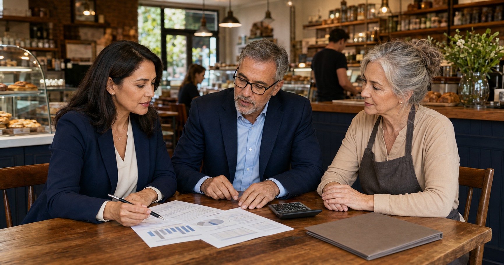 Prospective buyer and financial adviser reviewing acquisition documents with the owner of an established bakery.