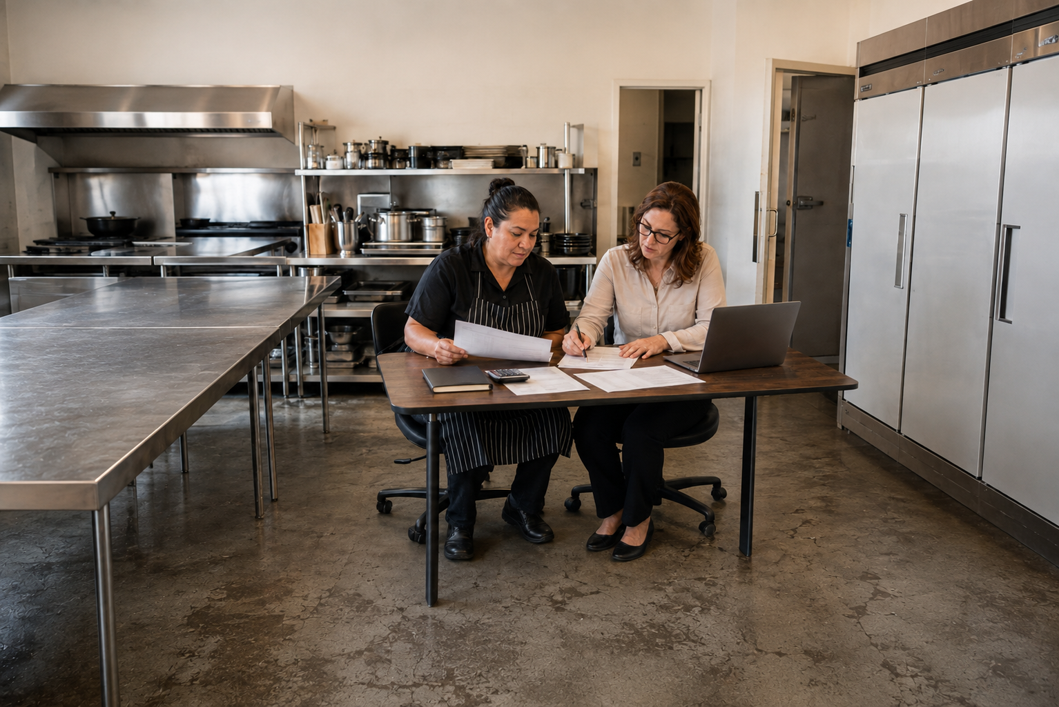 Catering business owner and bookkeeper checking a business credit report against company records.