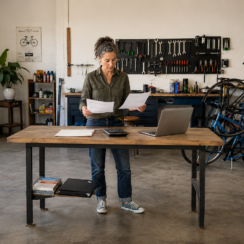 Business owner reviewing a business credit report and financial records before applying for a loan.