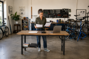 Business owner reviewing a business credit report and financial records before applying for a loan.