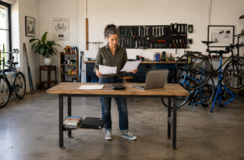 Business owner reviewing a business credit report and financial records before applying for a loan.