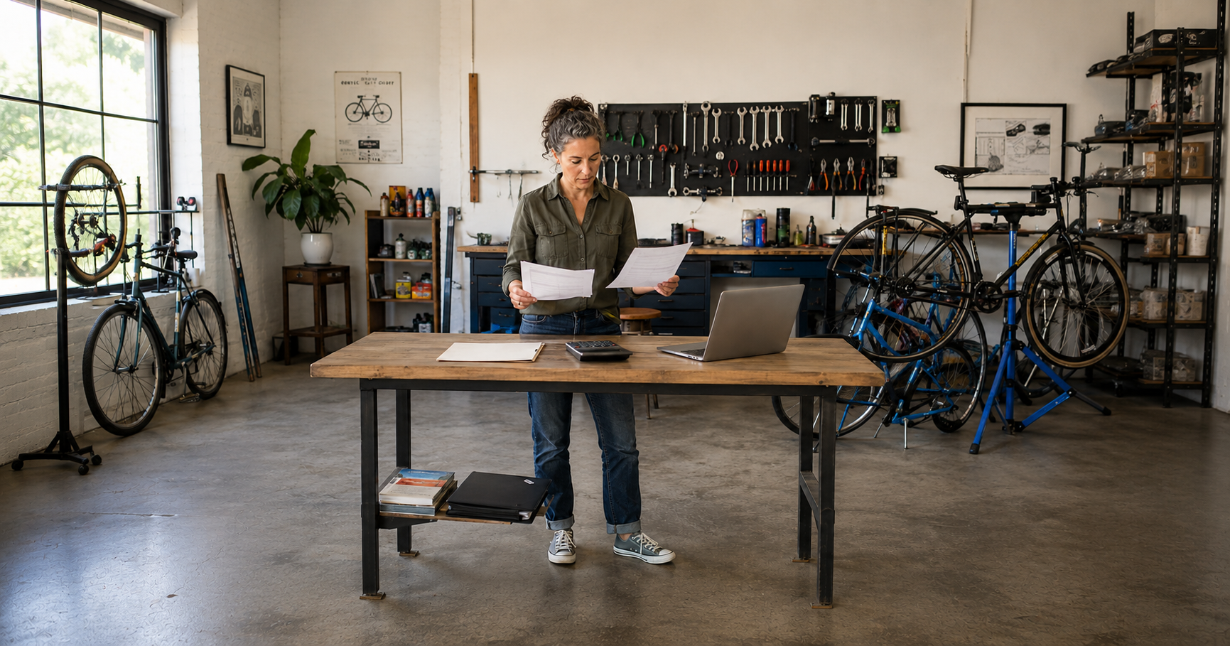 Business owner reviewing a business credit report and financial records before applying for a loan.