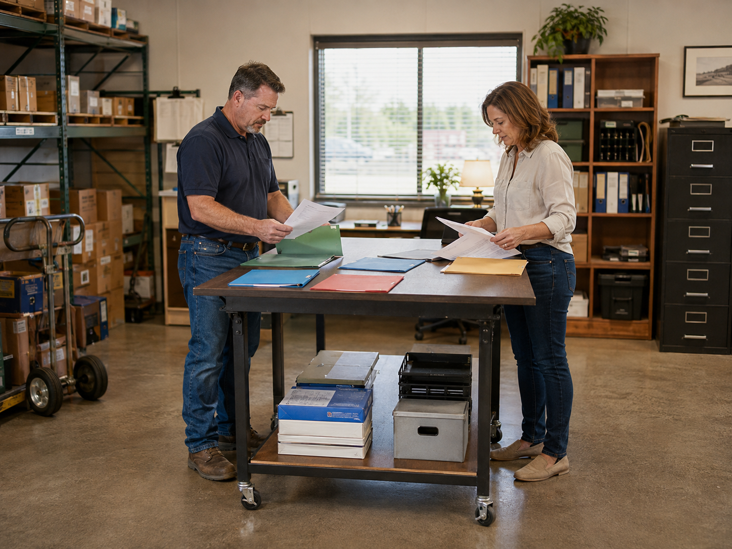 Business owner and bookkeeper organizing records for a business debt schedule.