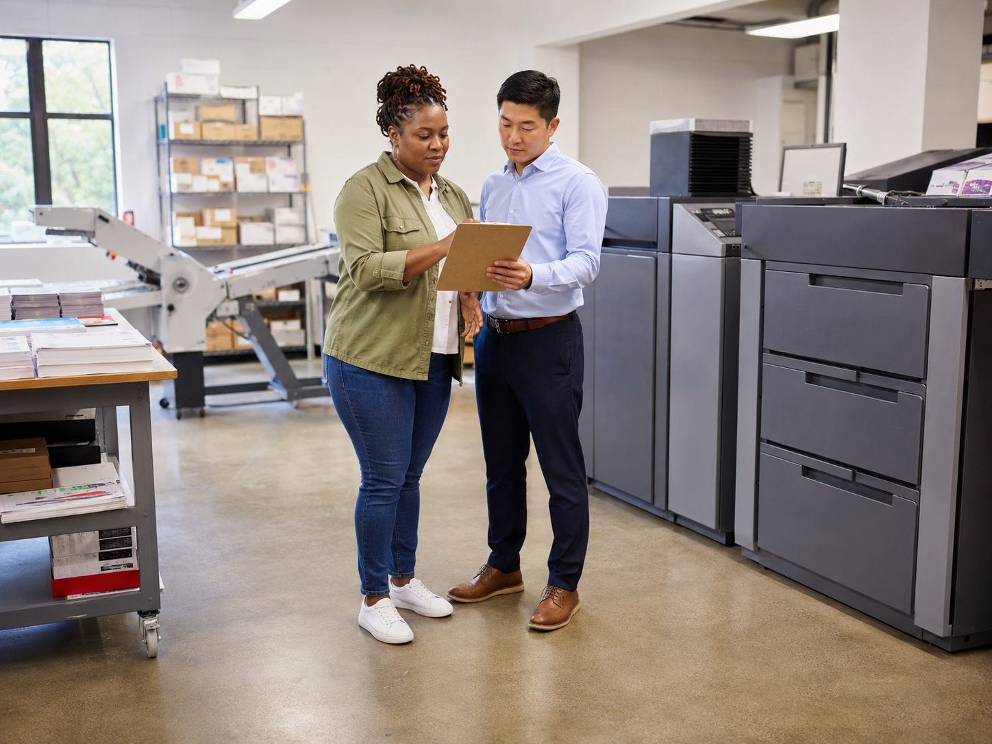 Business owner and commercial lender reviewing debt refinancing documents beside company equipment.