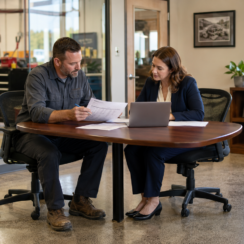 Business owner and commercial lender reviewing a business debt schedule and balance sheet.