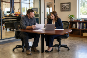 Business owner and commercial lender reviewing a business debt schedule and balance sheet.