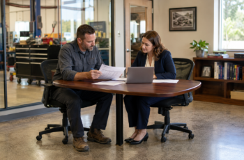 Business owner and commercial lender reviewing a business debt schedule and balance sheet.