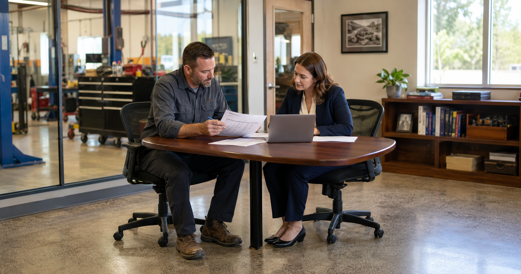 Business owner and commercial lender reviewing a business debt schedule and balance sheet.