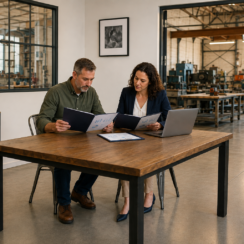 Business owner and financial adviser reviewing loan broker fees and agreement terms.