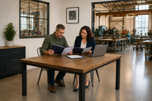 Business owner and financial adviser reviewing loan broker fees and agreement terms.