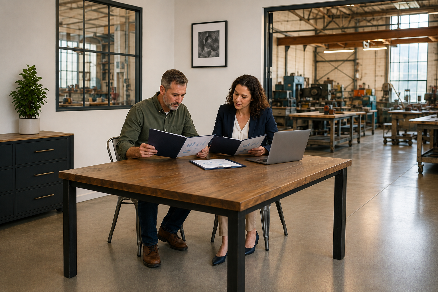 Business owner and financial adviser reviewing loan broker fees and agreement terms.