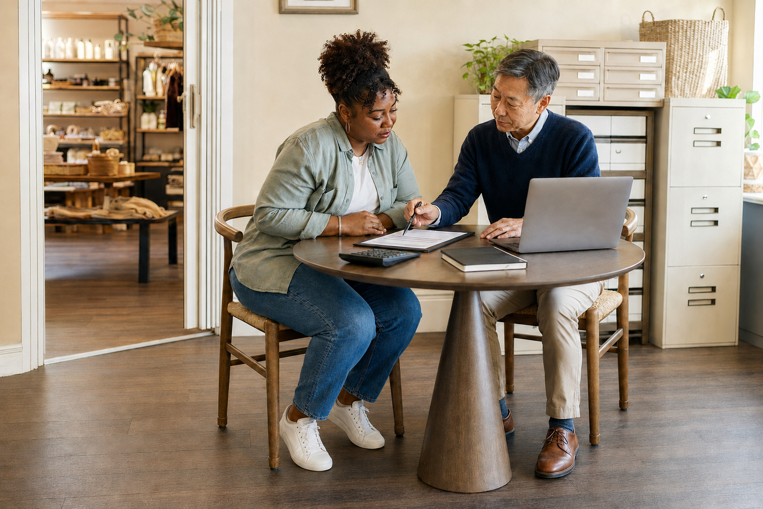 Business owner and financial adviser reviewing loan broker fees and agreement terms.