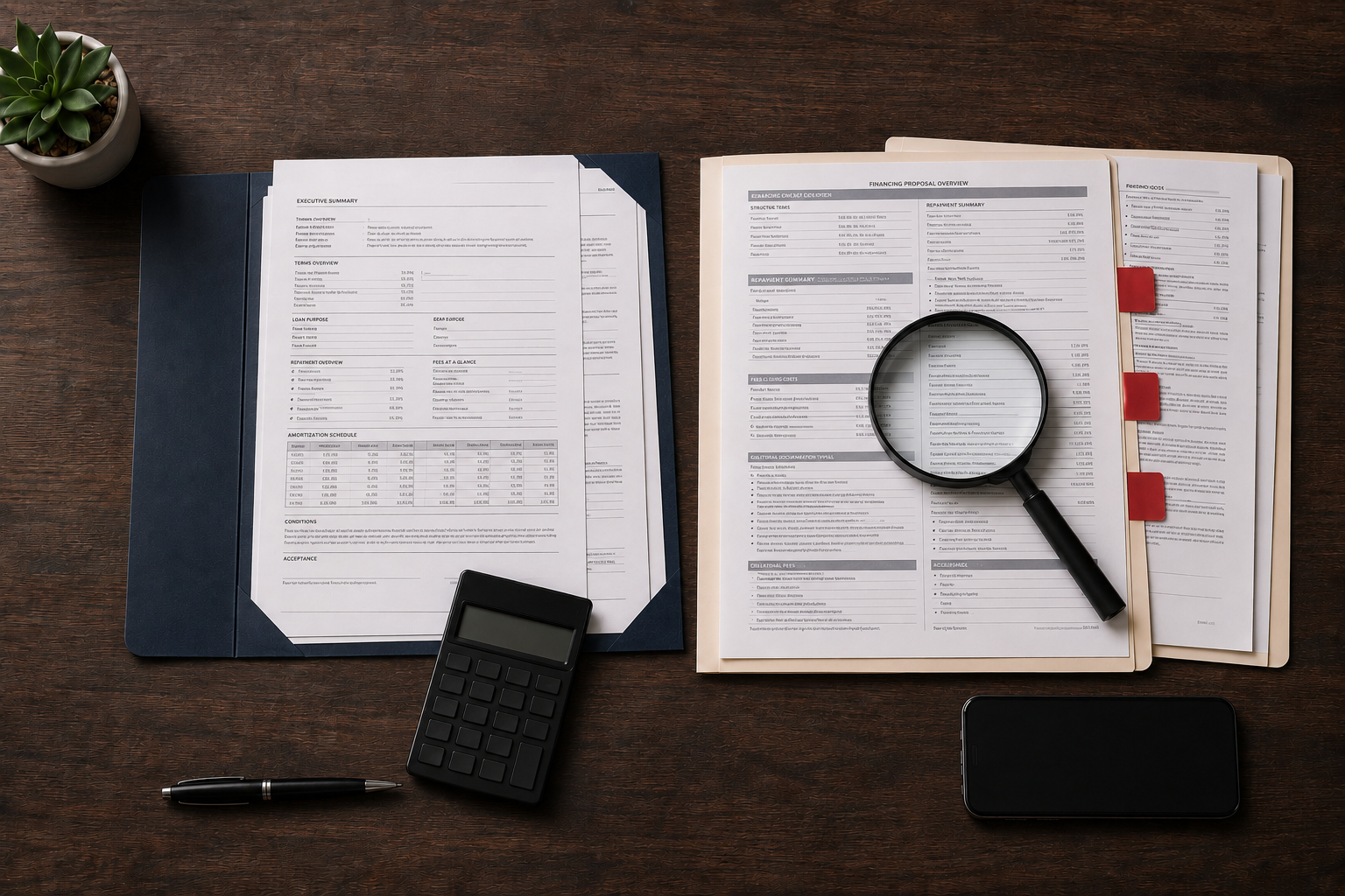 Two commercial financing offers compared with a magnifying glass, calculator, and marked contract clauses.
