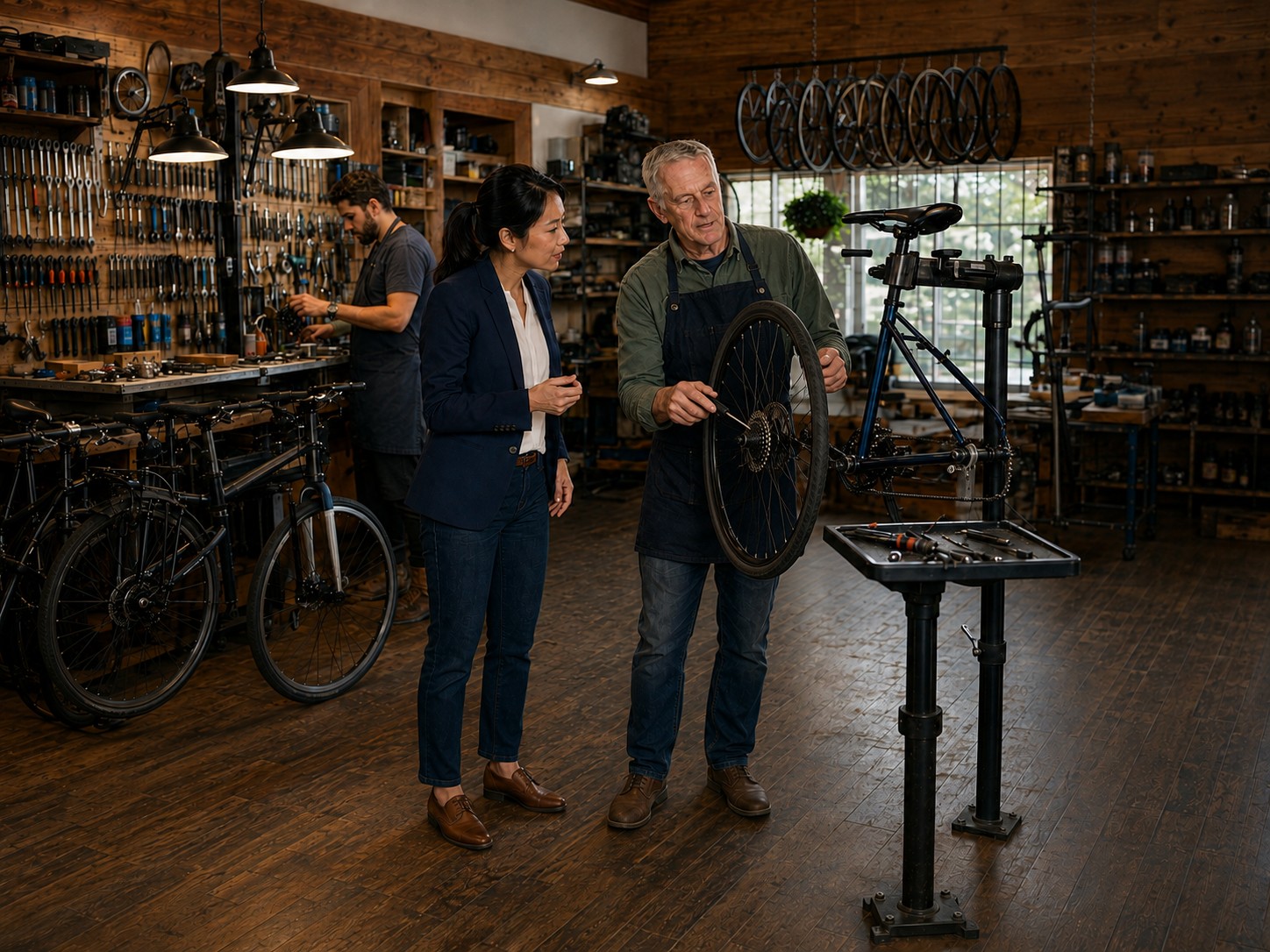 Outgoing bicycle shop owner teaching the incoming buyer how the business handles repair work.
