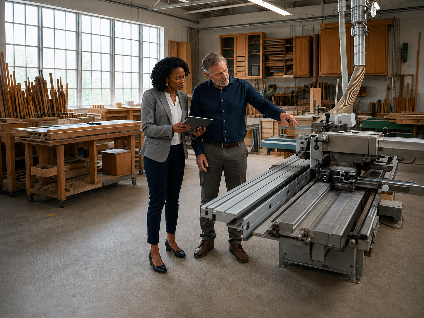 Prospective buyer and valuation specialist inspecting equipment inside an established woodworking business.