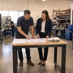 Business owner and loan officer reviewing customer revenue concentration inside a manufacturing company.