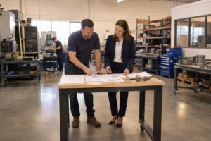 Business owner and loan officer reviewing customer revenue concentration inside a manufacturing company.