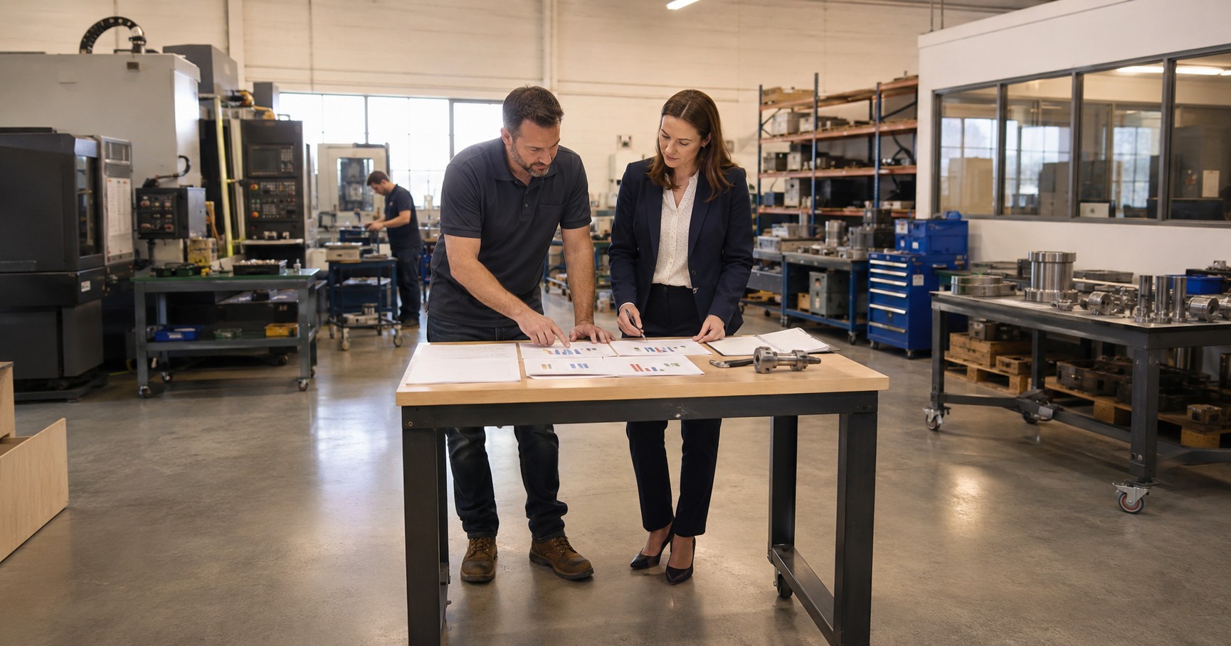 Business owner and loan officer reviewing customer revenue concentration inside a manufacturing company.