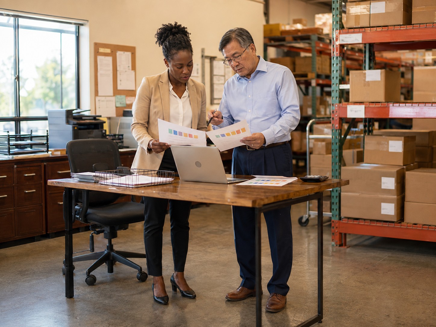 Business owner and accountant reviewing customer receivables and payment timing in a distribution warehouse.