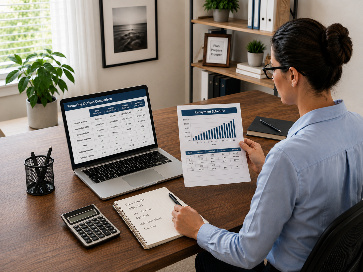 Business owner comparing working capital financing options, repayment schedules, and cash flow before borrowing.