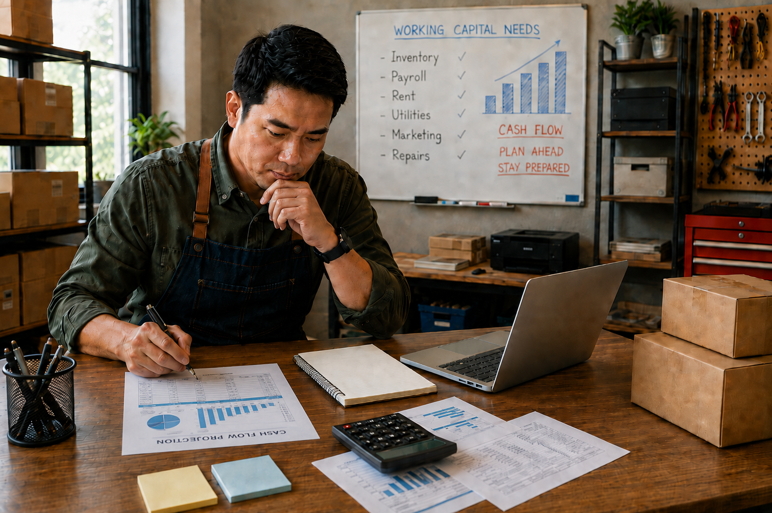 Small business owner reviewing a cash flow projection while planning working capital needs.