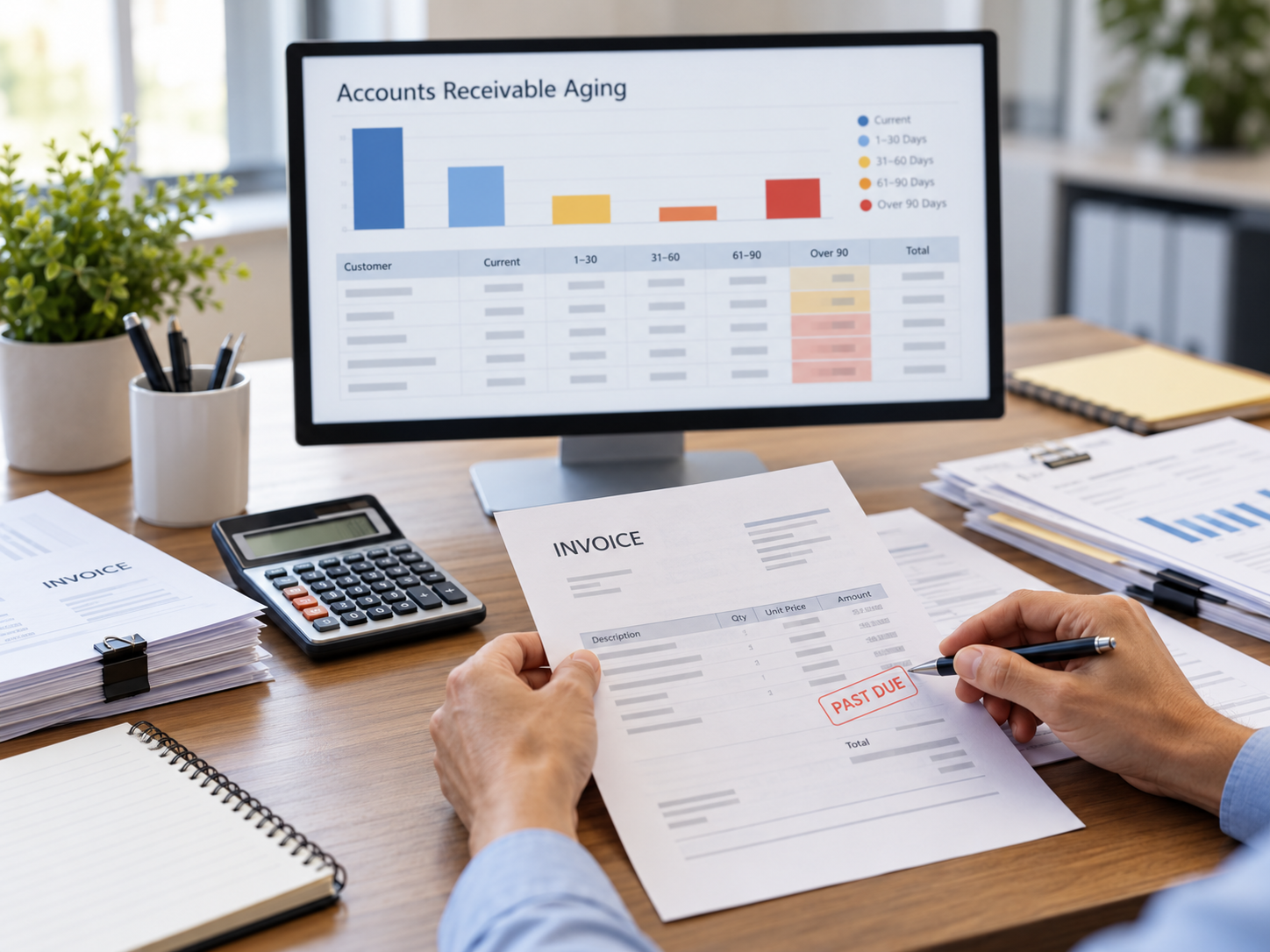 Accounts receivable aging report and invoice being reviewed to identify overdue customer payments.