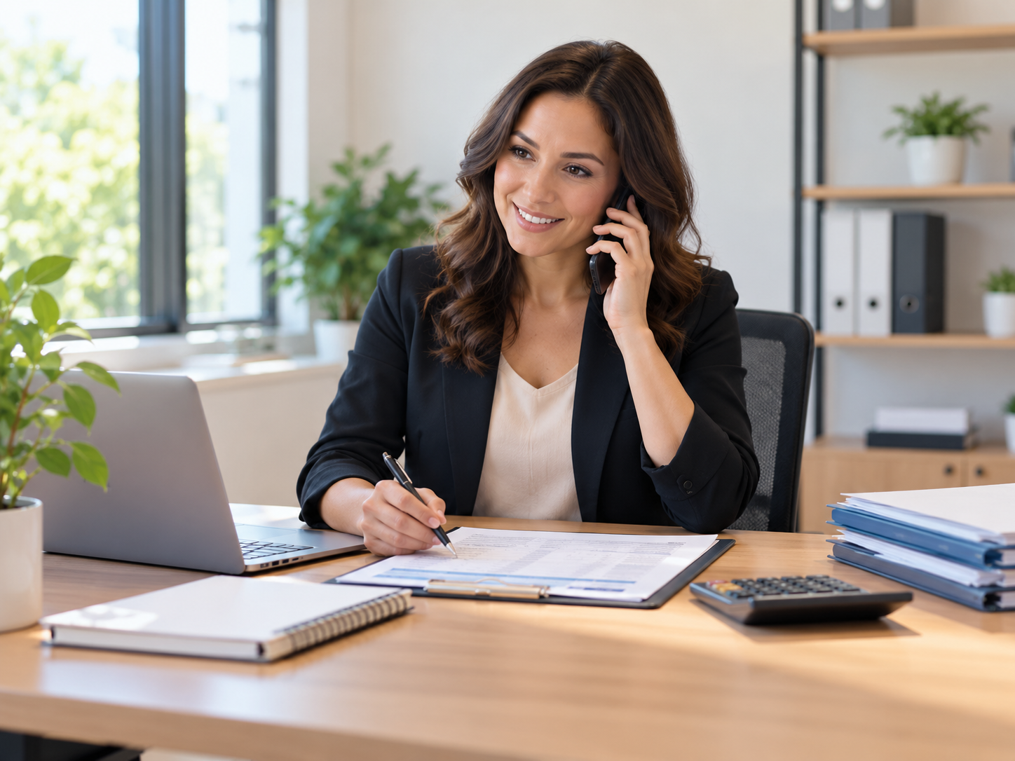 Business professional making a courteous collection follow-up call while reviewing accounts receivable records.