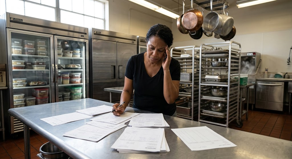 Catering business owner reviewing unpaid invoices that can contribute to poor cash flow