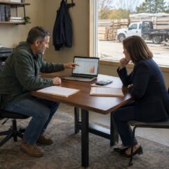 Construction company owner and commercial lender reviewing accounts receivable records in a business office.