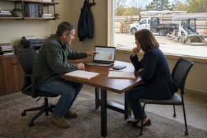 Construction company owner and commercial lender reviewing accounts receivable records in a business office.