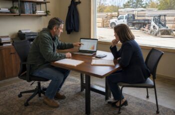 Construction company owner and commercial lender reviewing accounts receivable records in a business office.