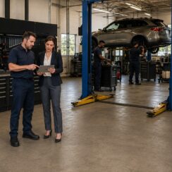 Auto-repair business owner and lender reviewing a loan plan to hire another employee.