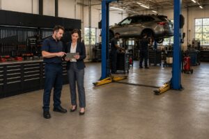 Auto-repair business owner and lender reviewing a loan plan to hire another employee.